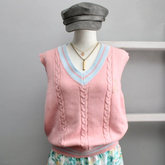 Pennycrafts Sweaters - Pennycrafts Women's Pink & Blue Kawaii And Fresh Embroidered Vest Size Large